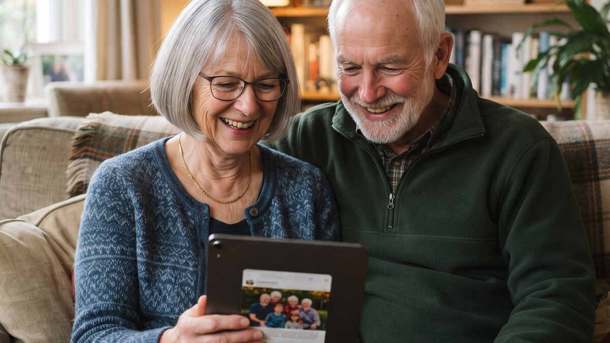 Grandparents on a sofa smiling at family photos on a tablet